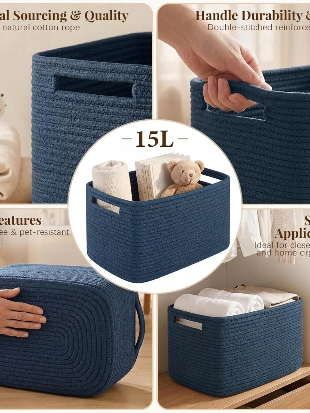 New 4Packs Natural Cotton Rope Storage Baskets for Organizing Toys, Clothes